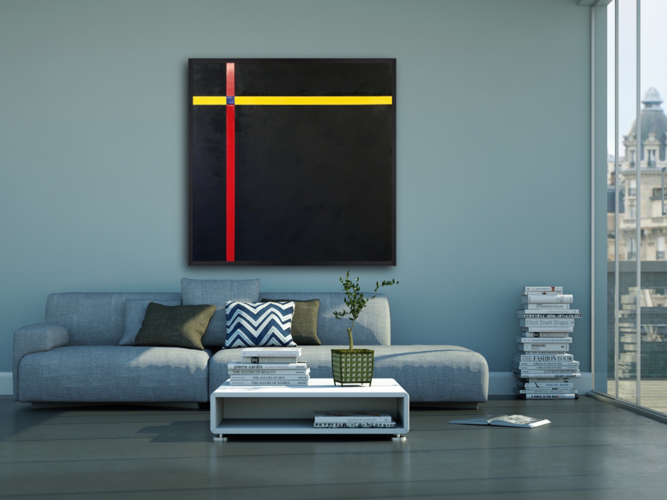 Beautiful Black - Abstract painting by Mohabbat Ahmadi featuring black background with yellow and red lines